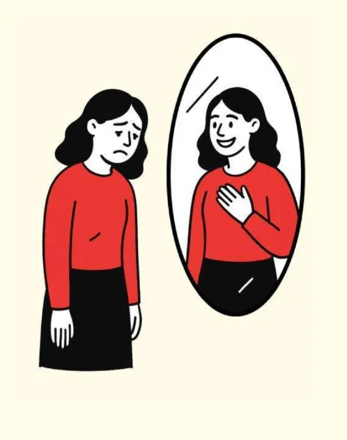 A woman meeting a lighter reflection of herself in the mirror