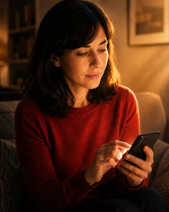 A woman on a sofa in the evening, one hand on her phone
